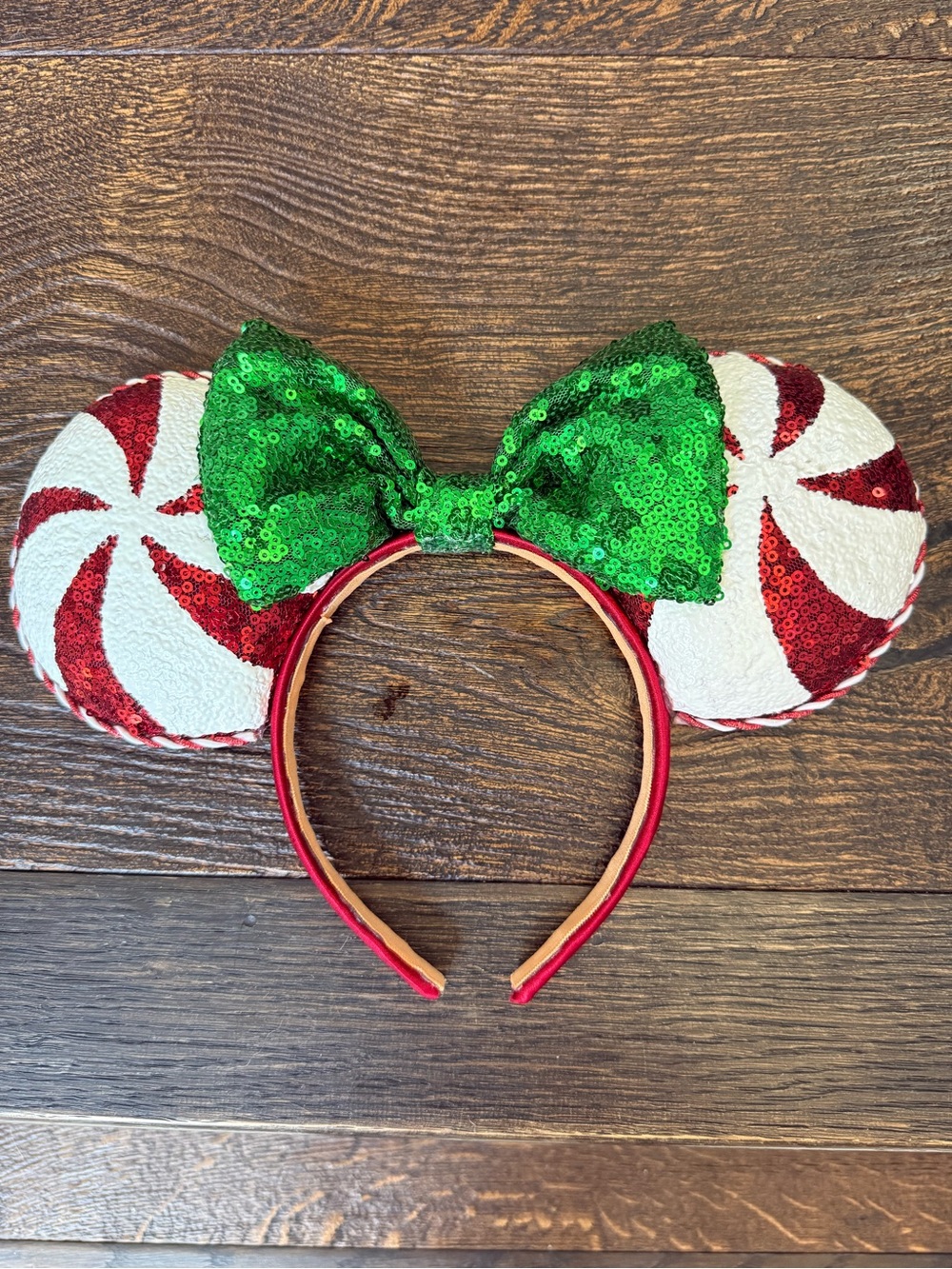 Disney Red & White Peppermint Sequin Mouse Ears with Green Sequin Bow